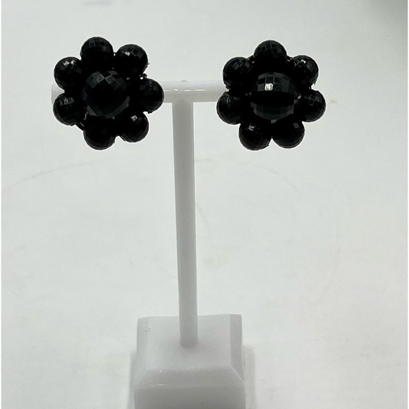 Vintage Black Glass Floral Silver Tone Clip On Earrings signed Germany on back - Picture 1 of 12